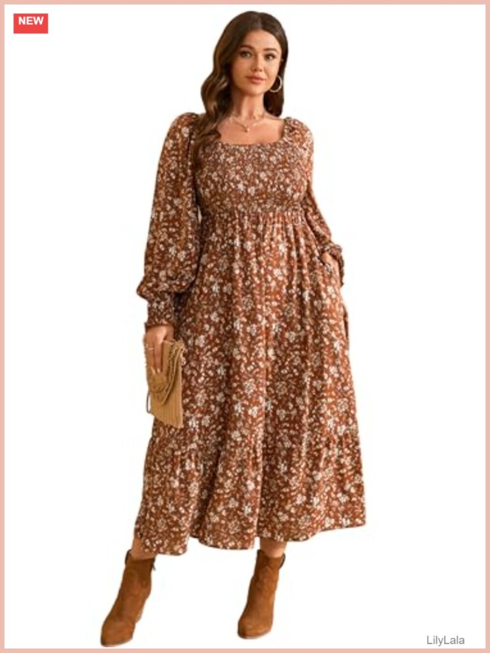 Plus Size Long Sleeve Smocked Maxi Dress Flowy Boho A-Line